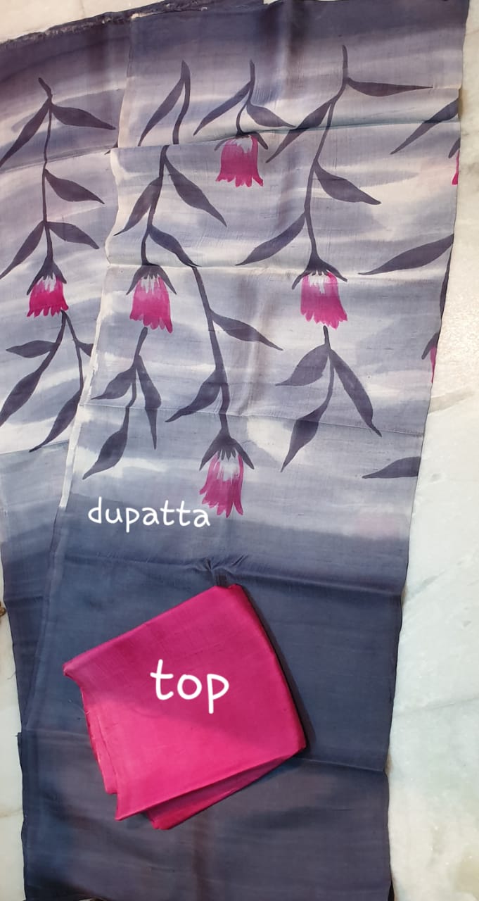 Grey Hand Painted Pure Silk Top & Dupatta - Dailybuyys
