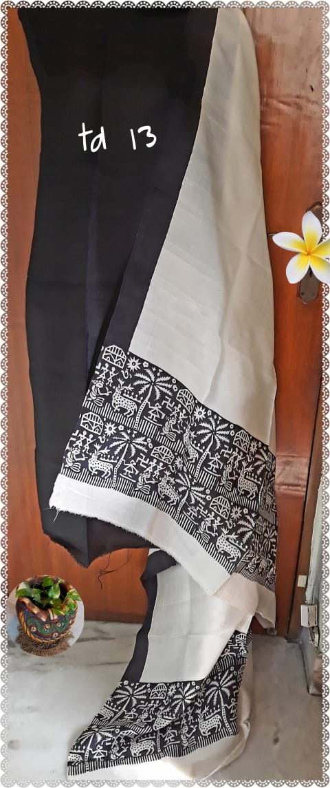 Black Beige Block Printed Design Pure Silk Top & Dupatta - Dailybuyys