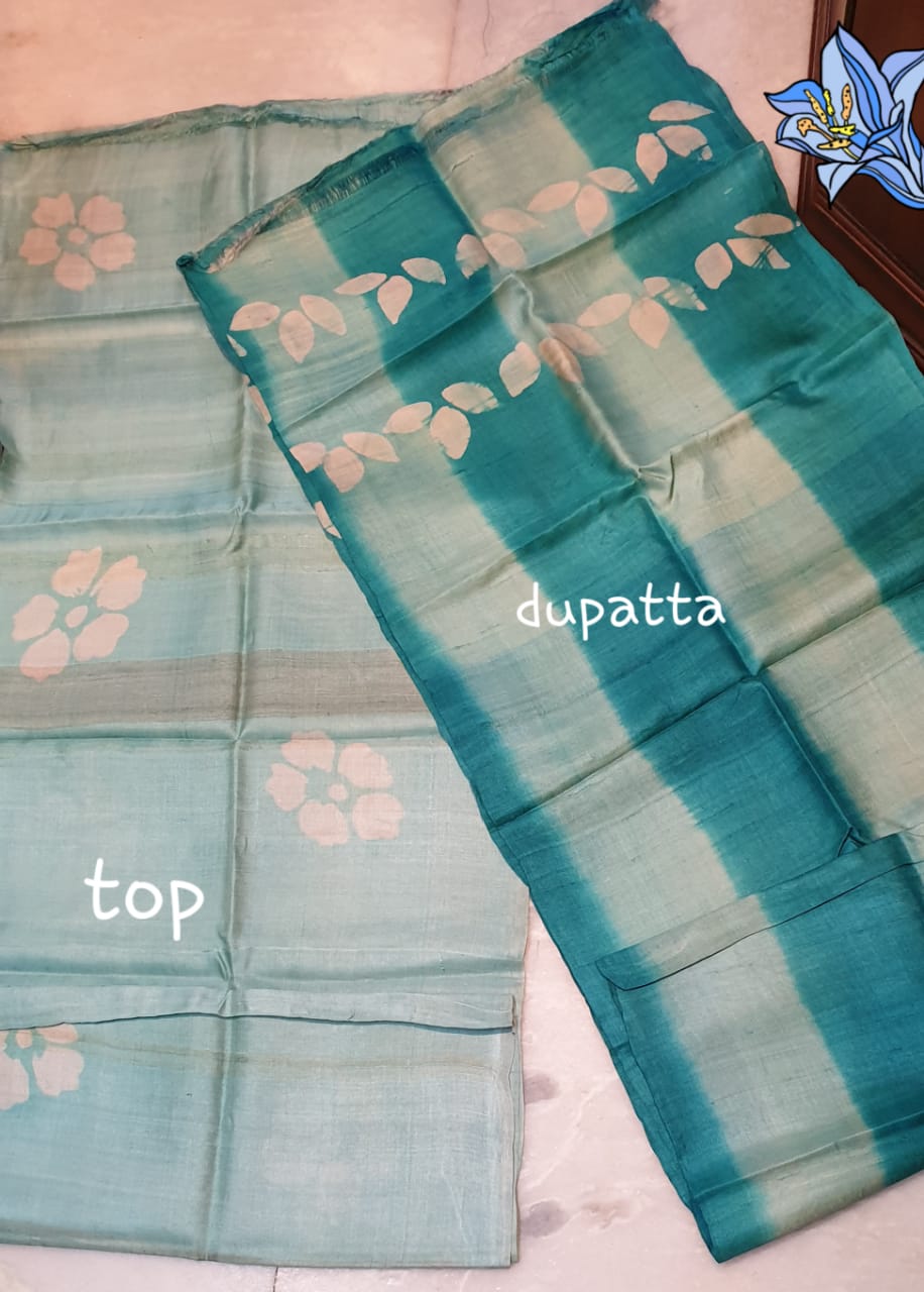 Green Block Printed Design Pure Silk Top & Dupatta - Dailybuyys