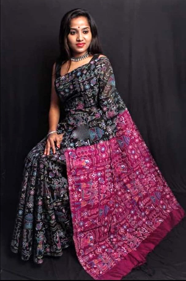 Black Purple Bengal Handloom Cotton Sarees - Dailybuyys