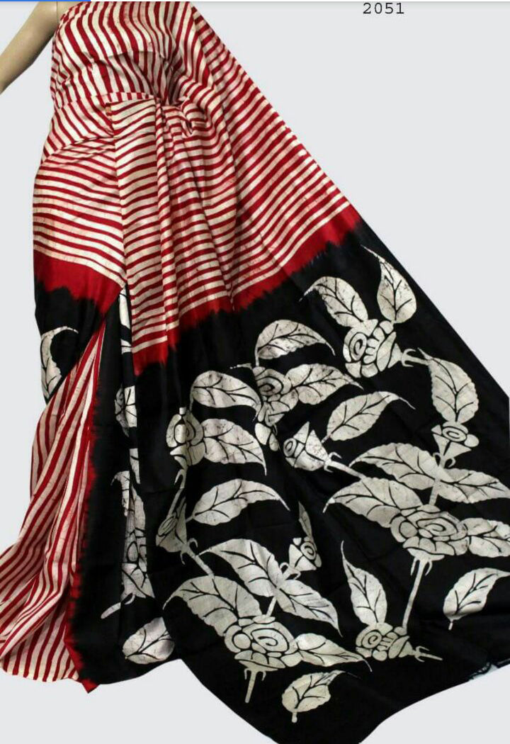 Red Black Wax Batik Hand Painted Pure Silk Mark Certified Bishnupuri Silk Sarees - Dailybuyys