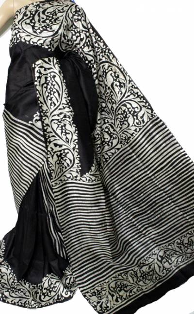 Grayish Black Block Printed Pure Silk Mark Certified Bishnupuri Silk Sarees - Dailybuyys