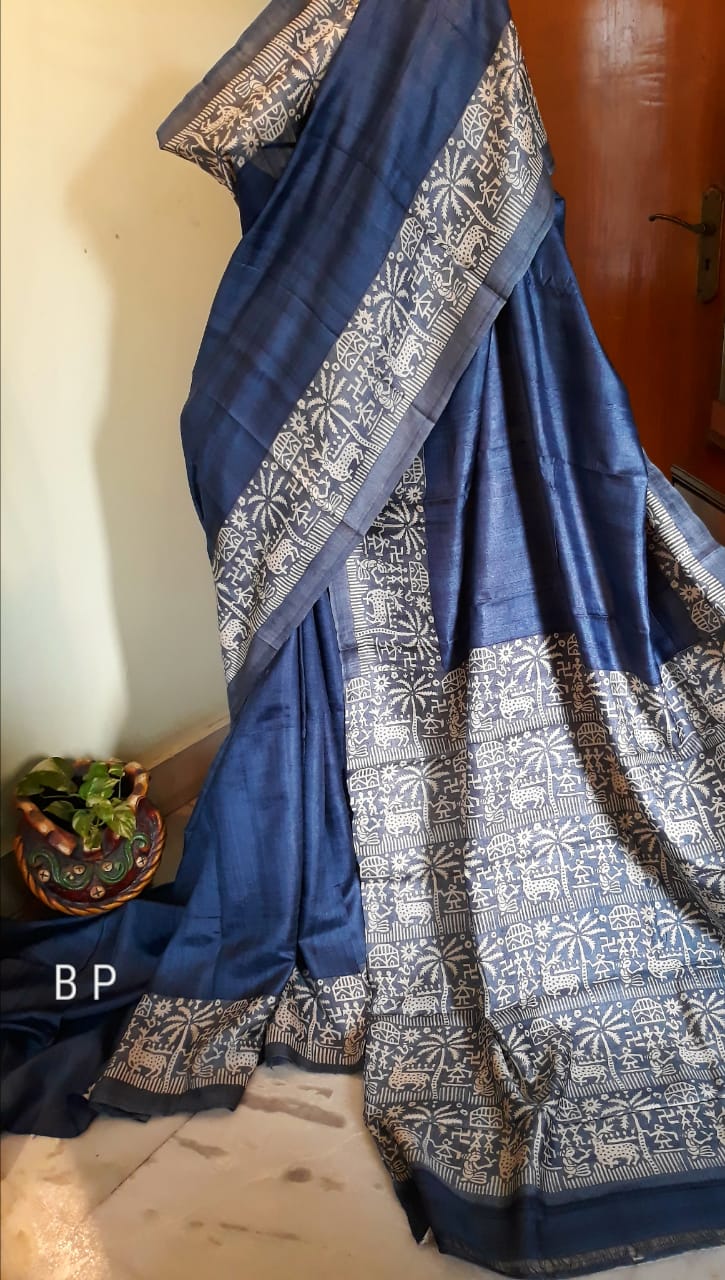 Blue Block Printed Zari Border Pure Silk Mark Certified Tussar Silk Sarees - Dailybuyys