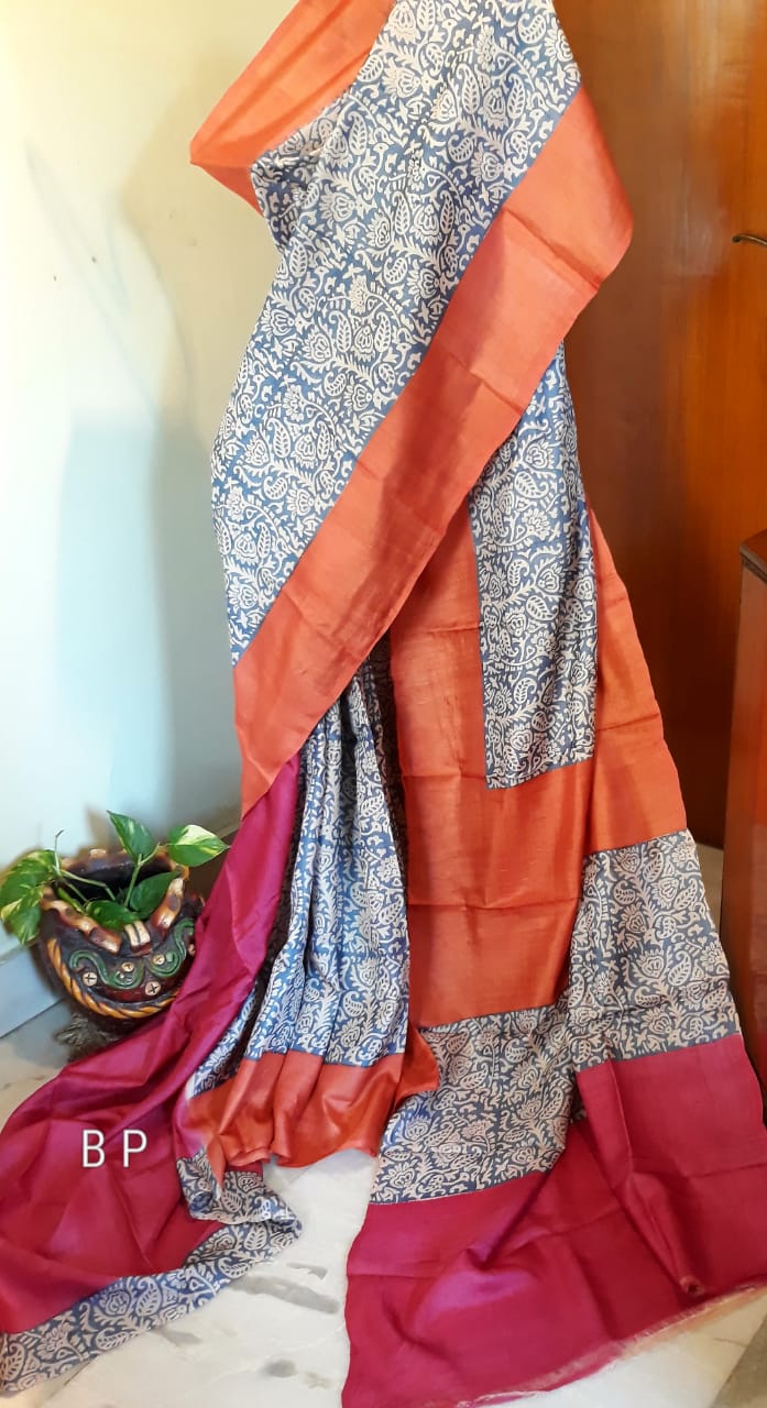 Beige Orange Block Printed Zari Border Pure Silk Mark Certified Tussar Silk Sarees - Dailybuyys