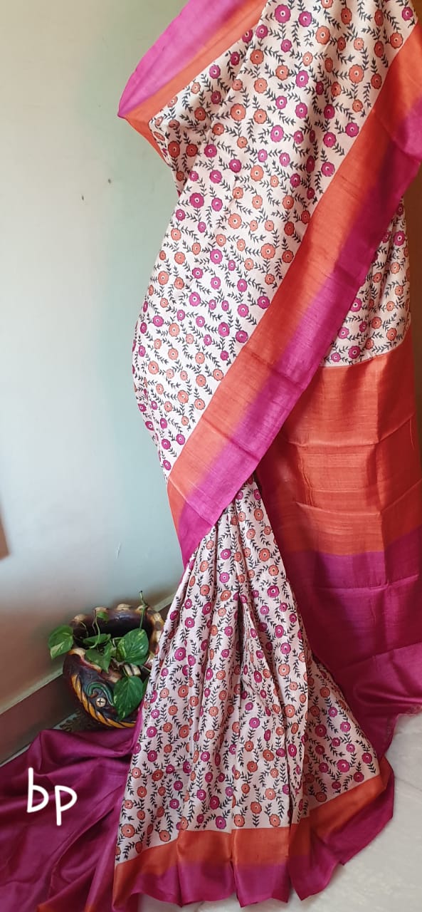 Beige Purple Block Printed Zari Border Pure Silk Mark Certified Tussar Silk Sarees - Dailybuyys