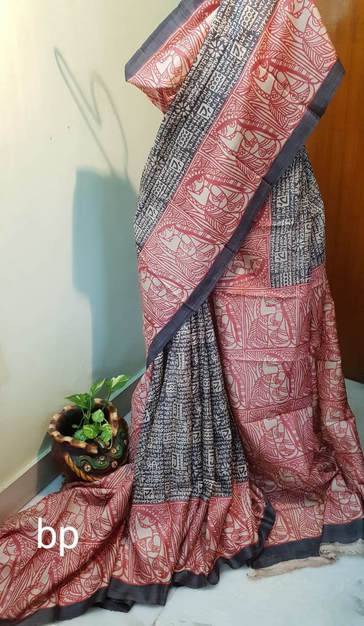 Beige Plain Block Printed Pure Silk Mark Certified Tussar Silk Sarees - Dailybuyys