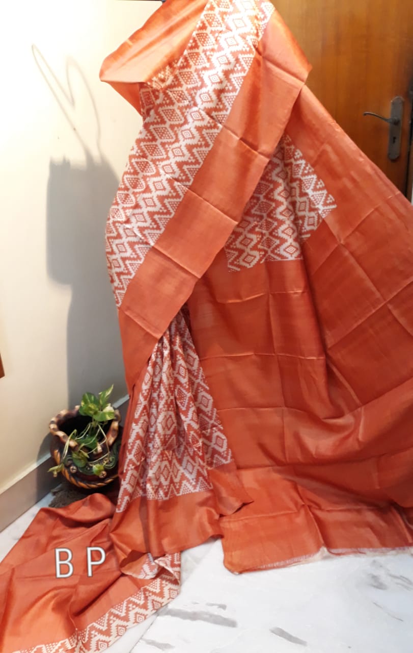 Orange Beige Block Printed Zari Border Pure Silk Mark Certified Tussar Silk Sarees - Dailybuyys