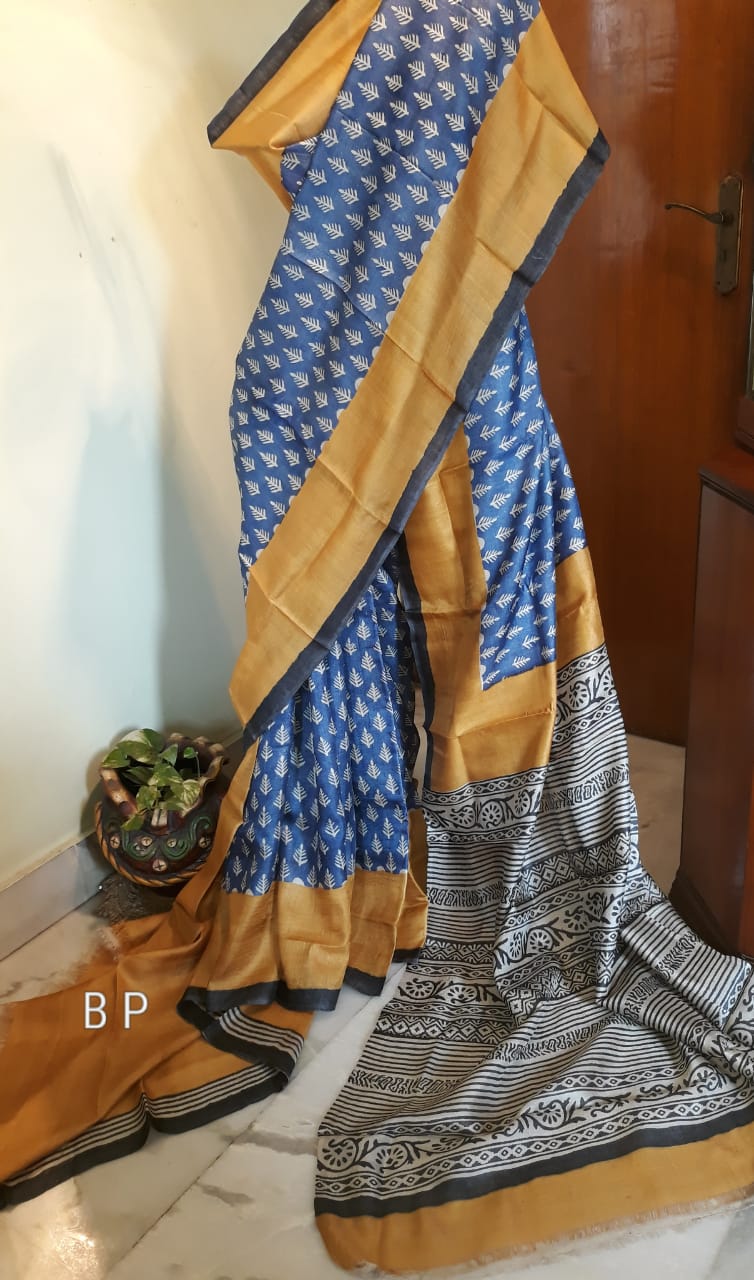 Blue Yellow Block Printed Zari Border Pure Silk Mark Certified Tussar Silk Sarees - Dailybuyys