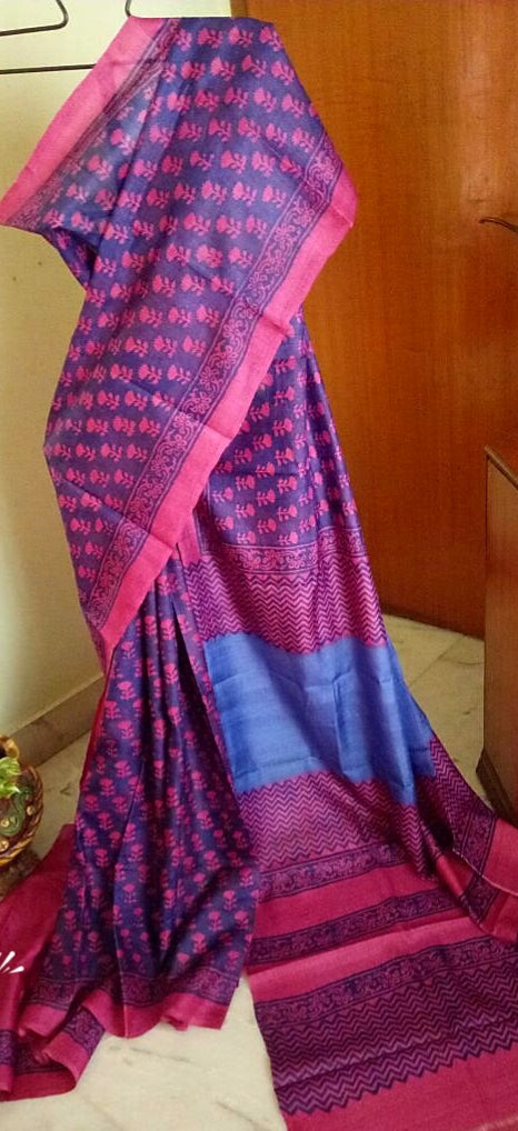 Violet Purple Block Printed Zari Border Pure Silk Mark Certified Tussar Silk Sarees - Dailybuyys