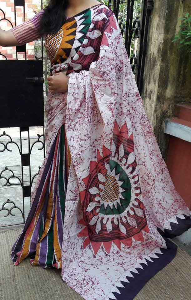 Beige Pink Mulmul Batik Sarees - Dailybuyys