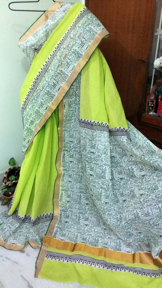 Green Kerala Pure Cotton Sarees - Dailybuyys