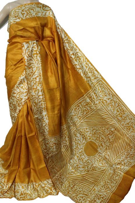 Yellow Pure Wax Batik Block Printed Silk Mark Certified Bishnupuri Silk Sarees - Dailybuyys