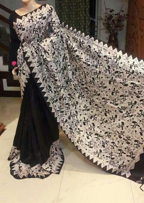 Black Hand Painted Pure Silk Mark Certified Bishnupuri Silk Sarees - Dailybuyys