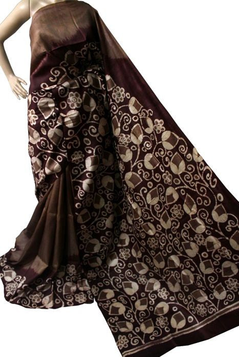 Brown Wax Hand Painted Pure Silk Mark Certified Bishnupuri Silk Sarees - Dailybuyys