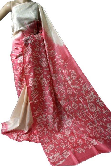 Beige Red Block Printed Pure Silk Mark Certified Bishnupuri Silk Sarees - Dailybuyys