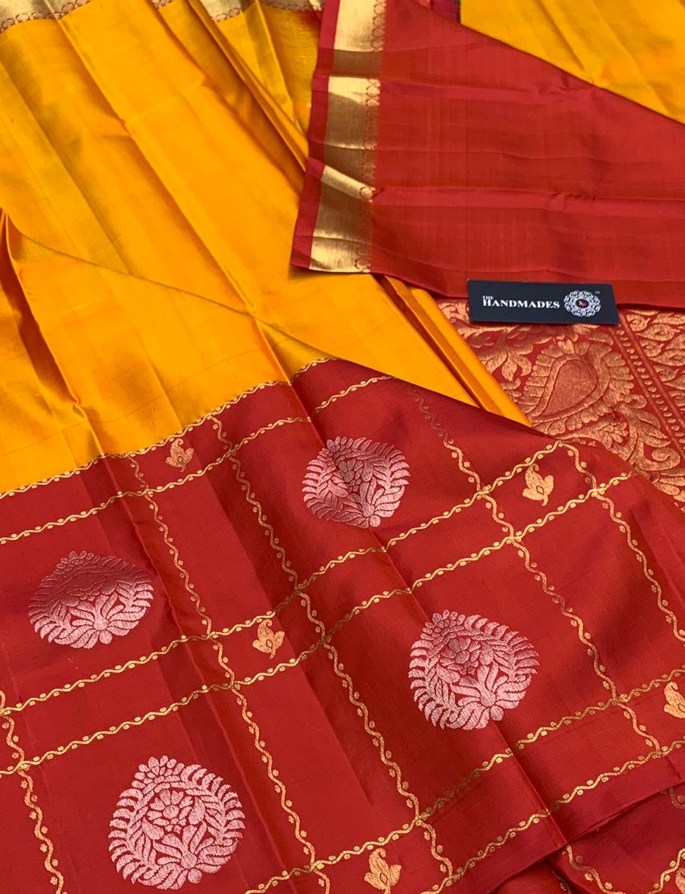 Pure Yellow Red Kanjivaram Silk Sarees - Dailybuyys