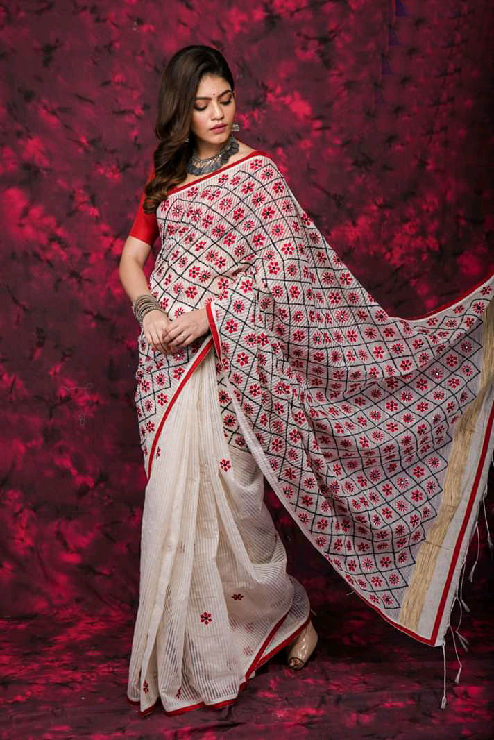 Beige Pure Cotton Work Designer Party Wear Sarees - Dailybuyys