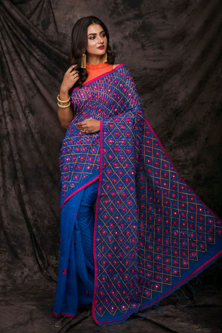 Blue Pure Cotton Work Designer Party Wear Sarees - Dailybuyys