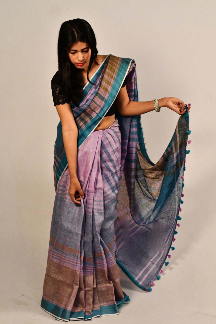 Pink Silver Pure Linen Sarees - Dailybuyys