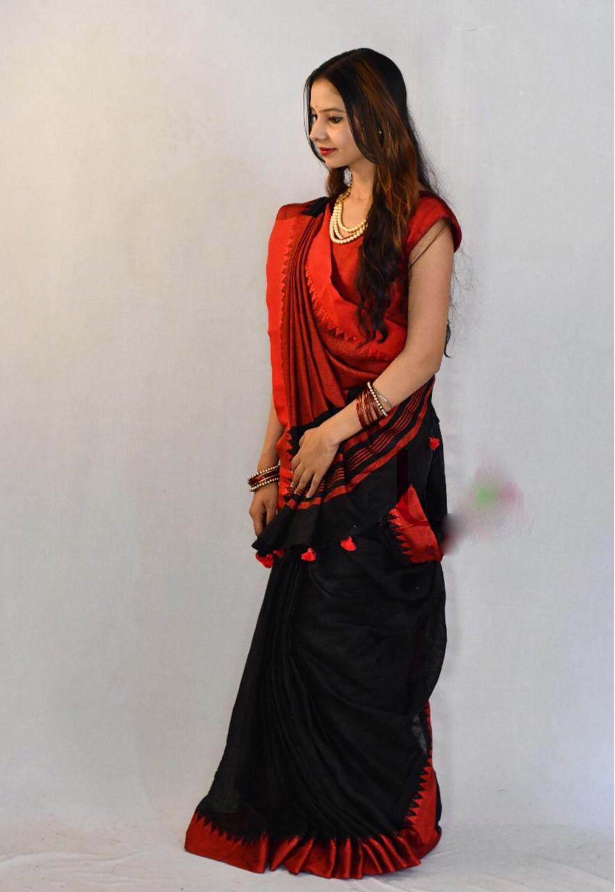 Red Black Pure Linen Sarees - Dailybuyys