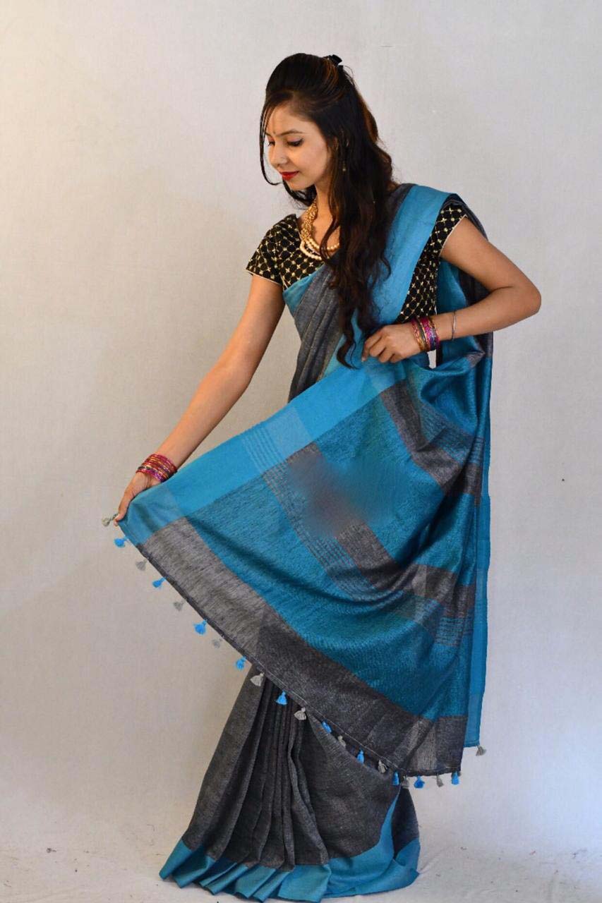 Grey Blue Pure Linen Sarees - Dailybuyys