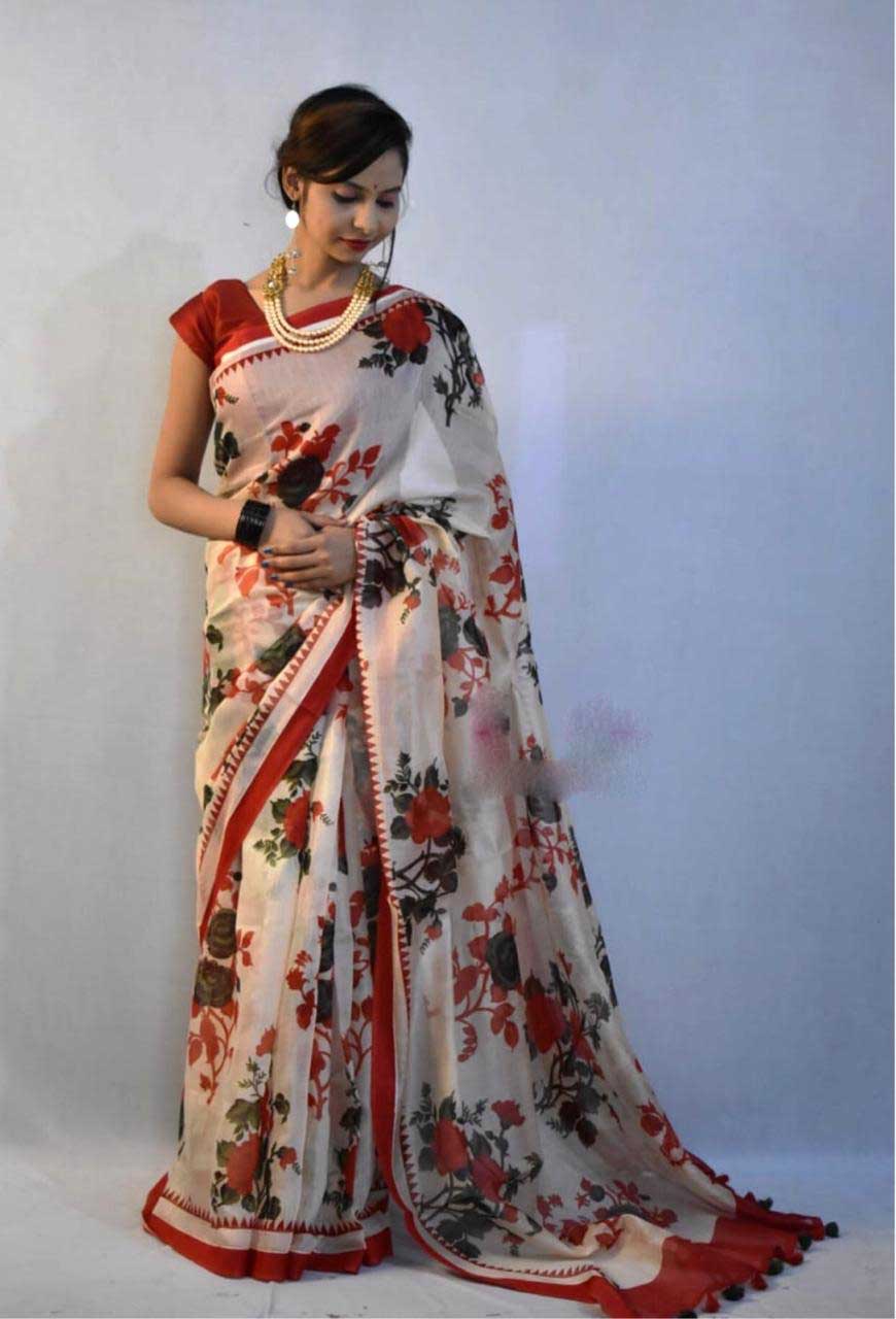 Beige Red Zari Border Block Printed Pure Silk Mark Certified Tussar Silk Sarees - Dailybuyys