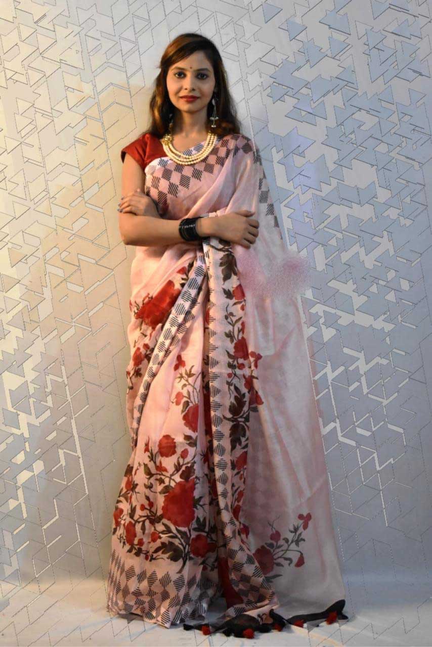 Beige Red Block Printed Pure Silk Mark Certified Tussar Silk Sarees - Dailybuyys