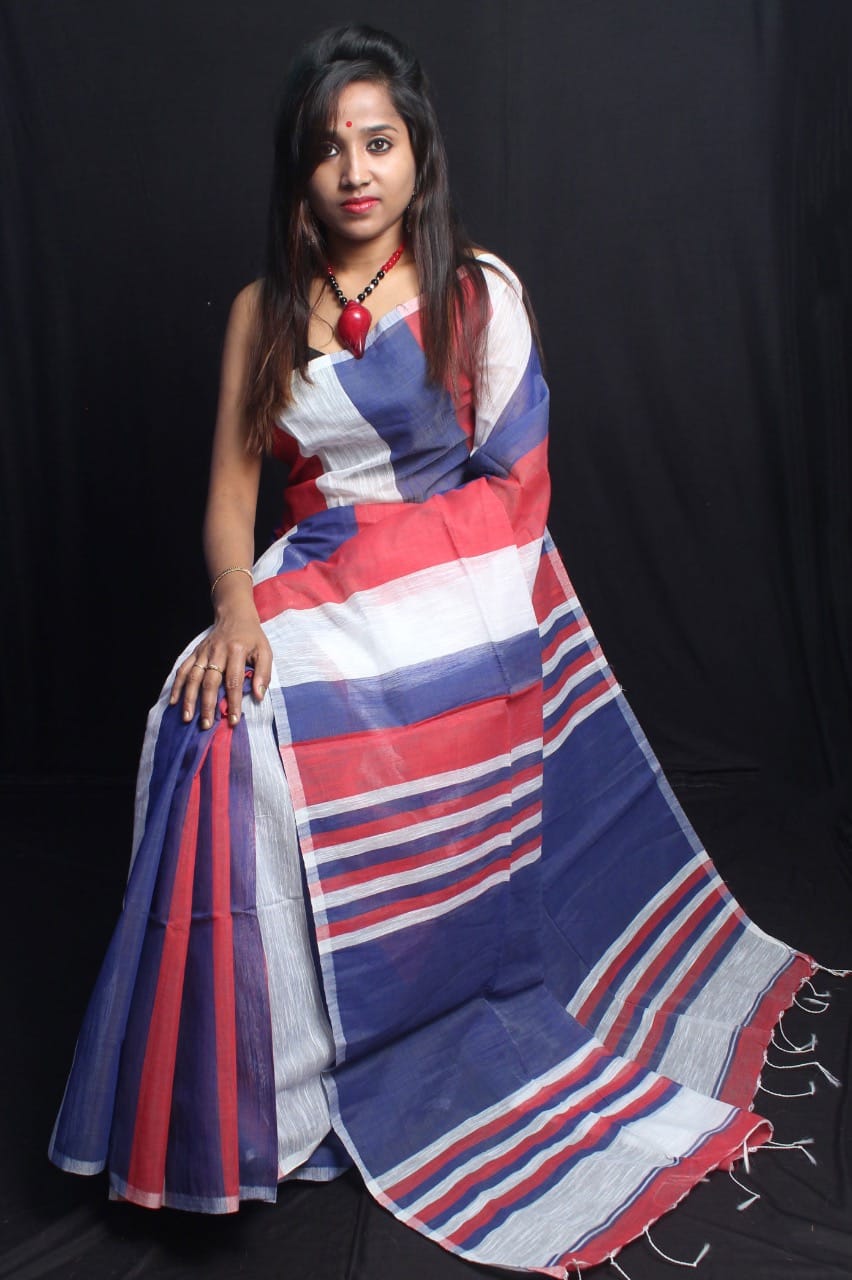 Blue White Pure Cotton Bengal Handloom Silk Sarees - Dailybuyys