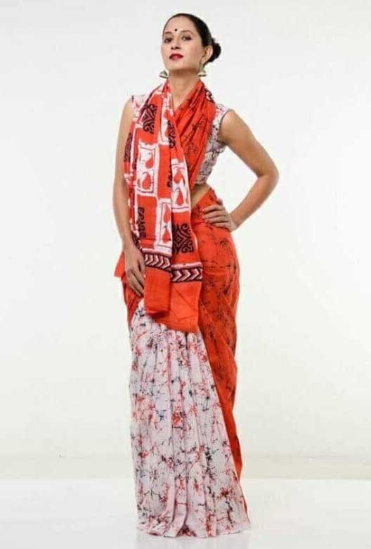 Orange Beige Mulmul Batik Sarees - Dailybuyys