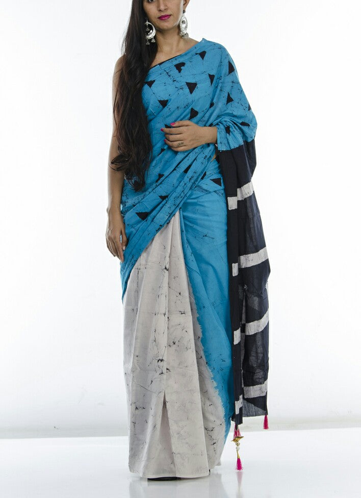 Blue Beige Mulmul Batik Sarees - Dailybuyys