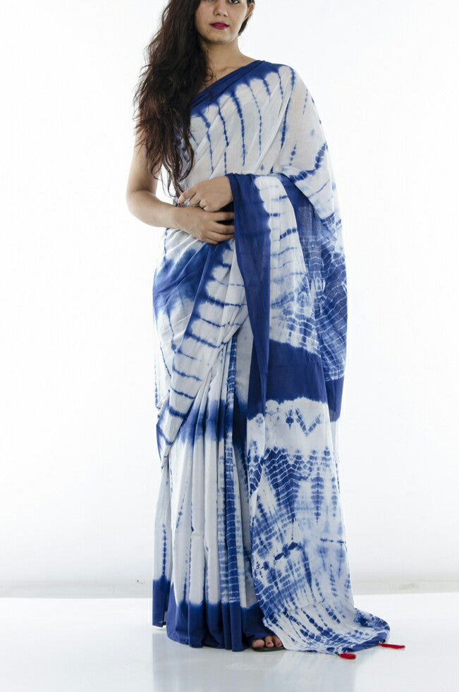 Blue Beige Mulmul Batik Sarees - Dailybuyys