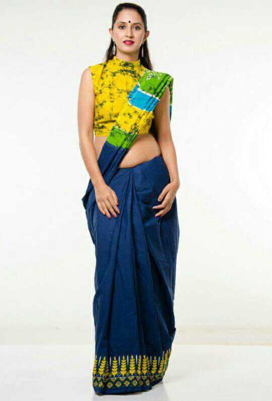 Blue Yellow Mulmul Batik Sarees - Dailybuyys