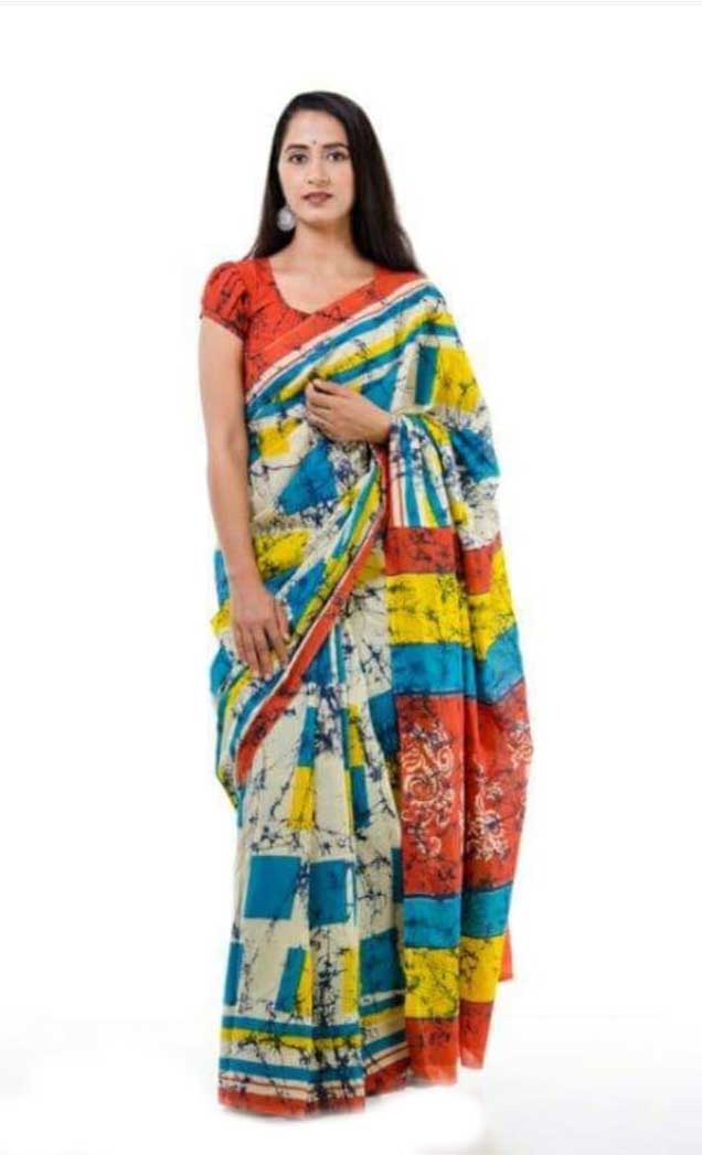 Blue Beige Mulmul Batik Sarees - Dailybuyys