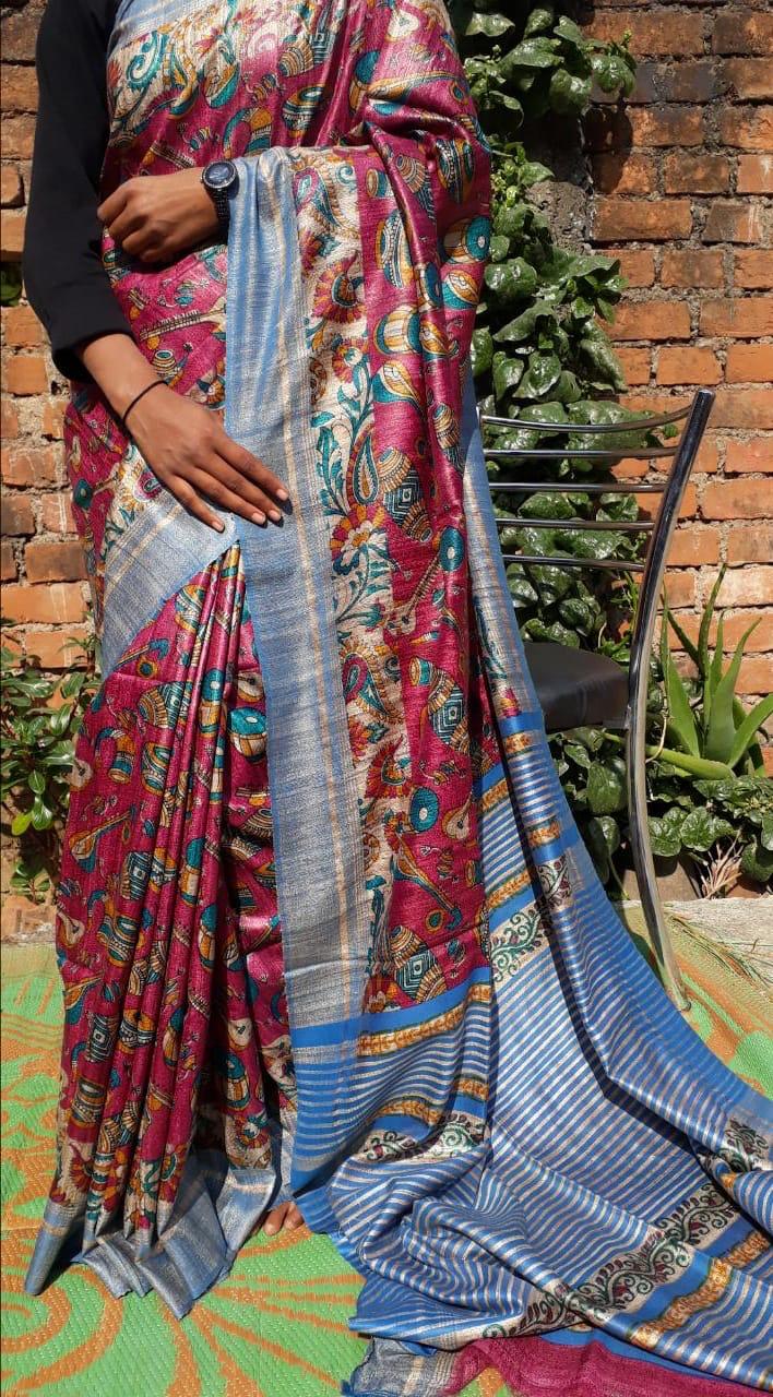 Red Madhubani Handpaint Pure Silk Mark Certified Tussar Ghicha Silk Sarees - Dailybuyys