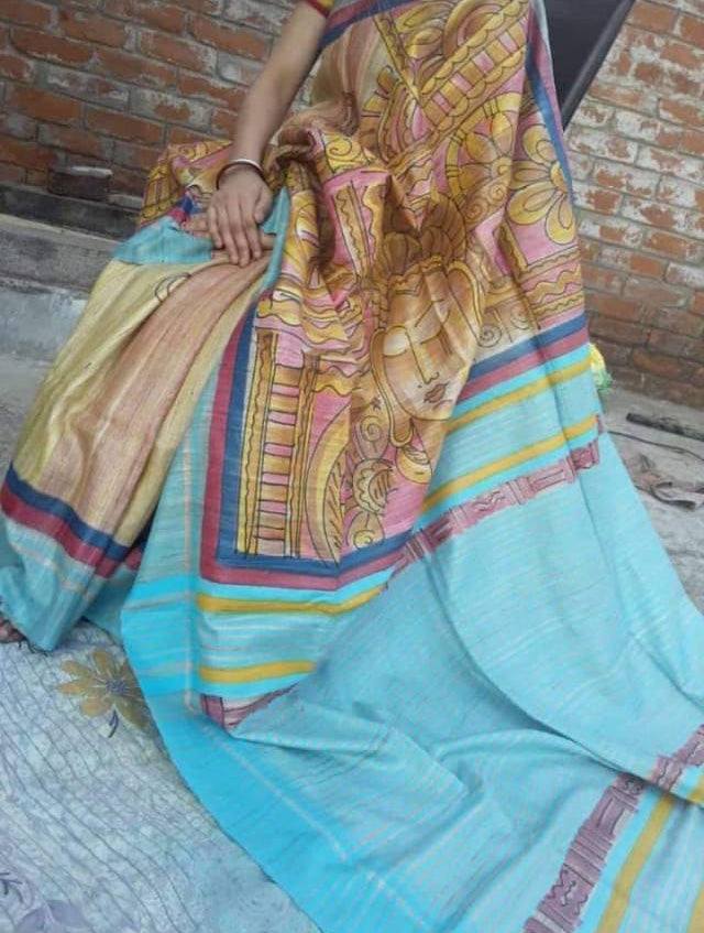 Beige Madhubani Handpaint Pure Silk Mark Certified Tussar Ghicha Silk Sarees - Dailybuyys