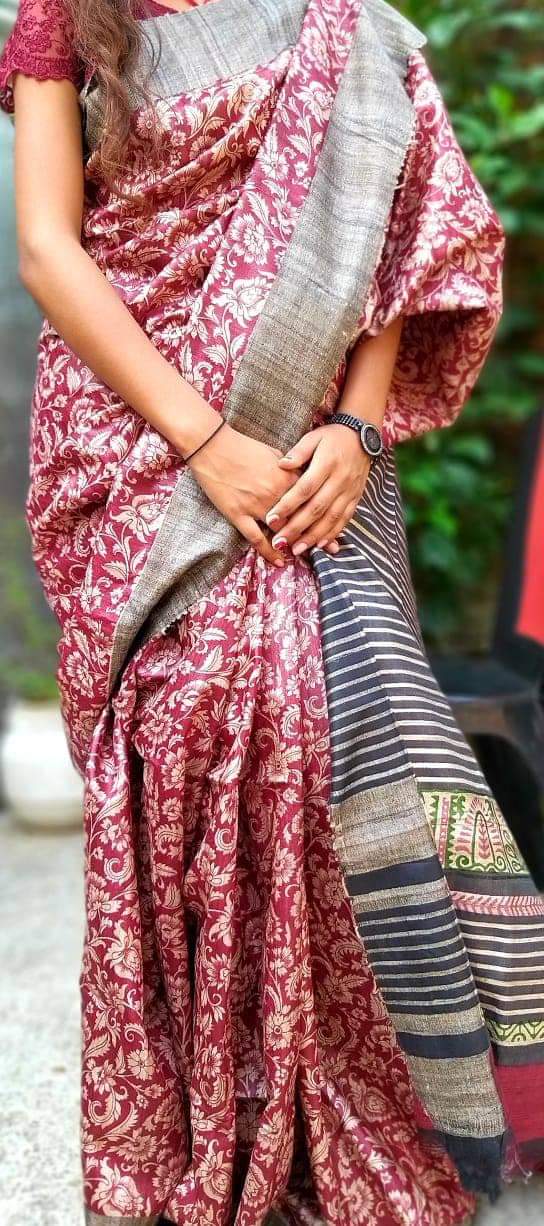 Red Madhubani Handpaint Pure Silk Mark Certified Tussar Ghicha Silk Sarees - Dailybuyys