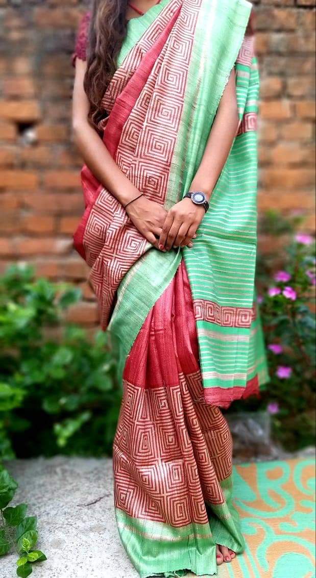Red Green Madhubani Handpaint Pure Silk Mark Certified Tussar Ghicha Silk Sarees - Dailybuyys