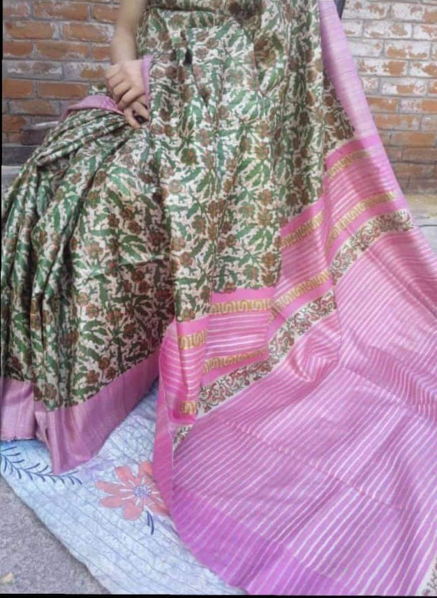 Beige Pink Madhubani Handpaint Pure Silk Mark Certified Tussar Ghicha Silk Sarees - Dailybuyys