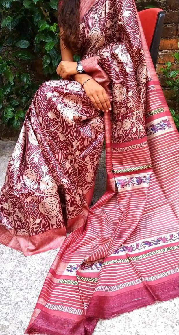 Red Beige Madhubani Handpaint Pure Silk Mark Certified Tussar Ghicha Silk Sarees - Dailybuyys