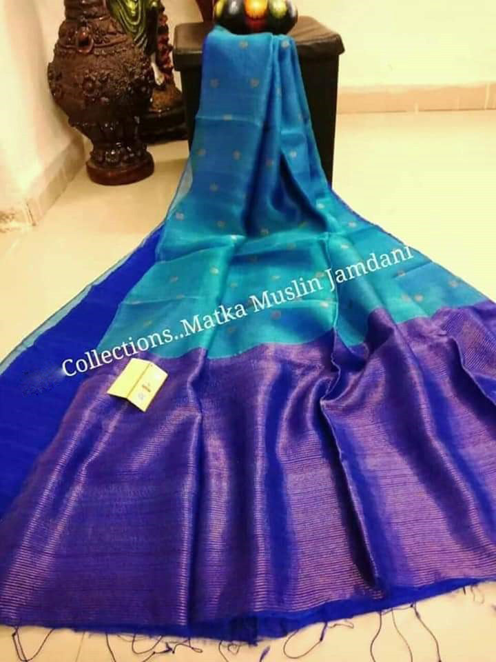 Blue Matka Silk Mark Certified Muslin Jamdani Sarees - Dailybuyys