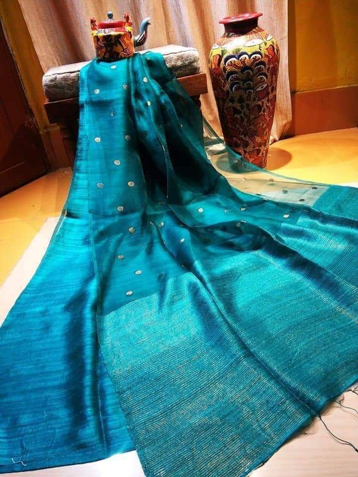 Blue Matka Silk Mark Certified Muslin Jamdani Sarees - Dailybuyys