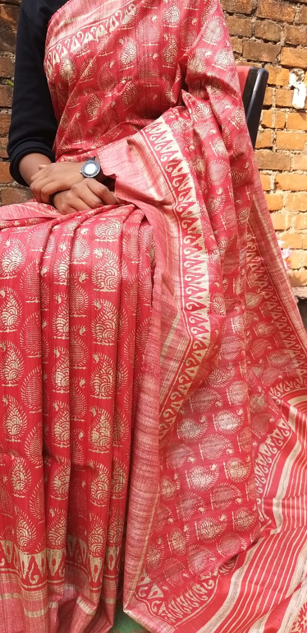 Red Handpaint Pure Silk Mark Certified Tussar Ghicha Silk Sarees - Dailybuyys