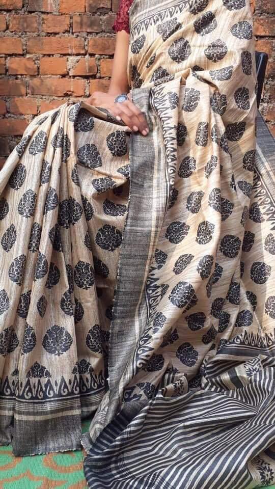 Beige Pure Silk Mark Certified Tussar Ghicha Silk Sarees - Dailybuyys