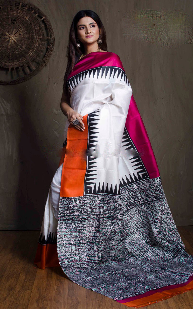 Beige Pure Block Printed Silk Mark Certified Murshidabad Silk Sarees - Dailybuyys