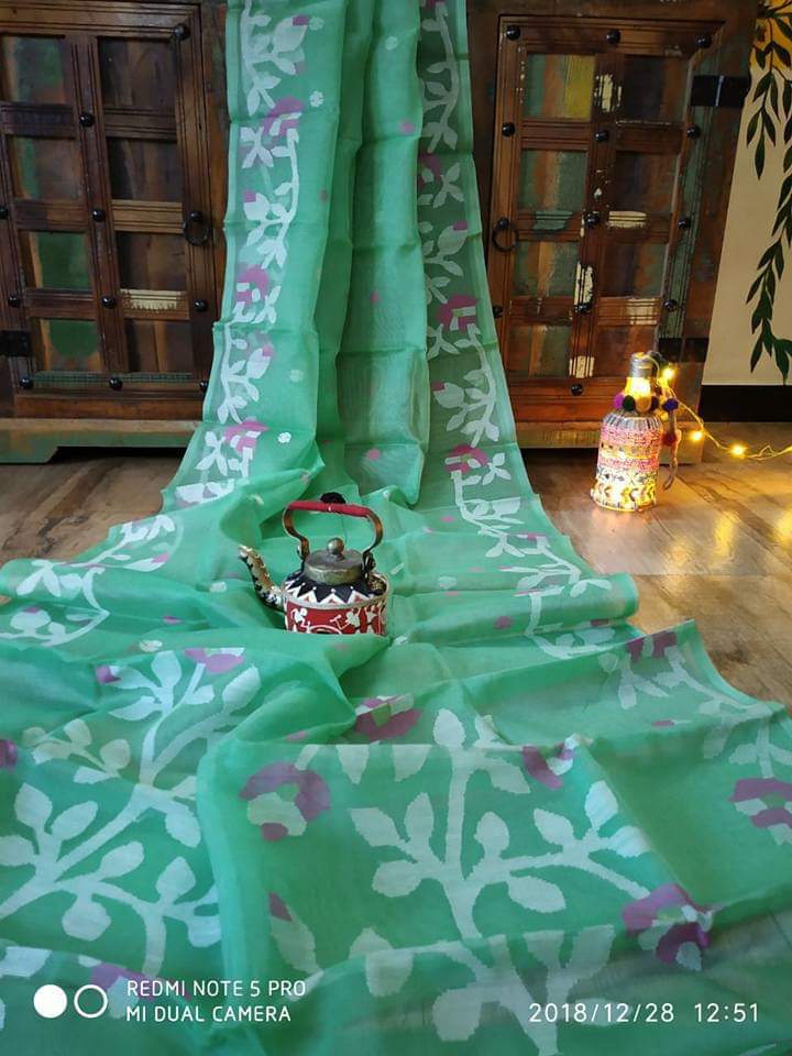 Sea Green Pure Silk Mark Certified Muslin Sarees - Dailybuyys