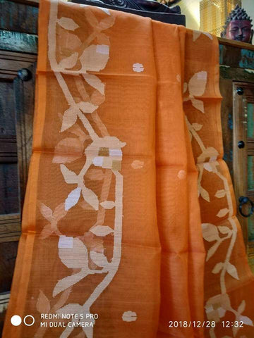 Orange Pure Silk Mark Certified Muslin Sarees