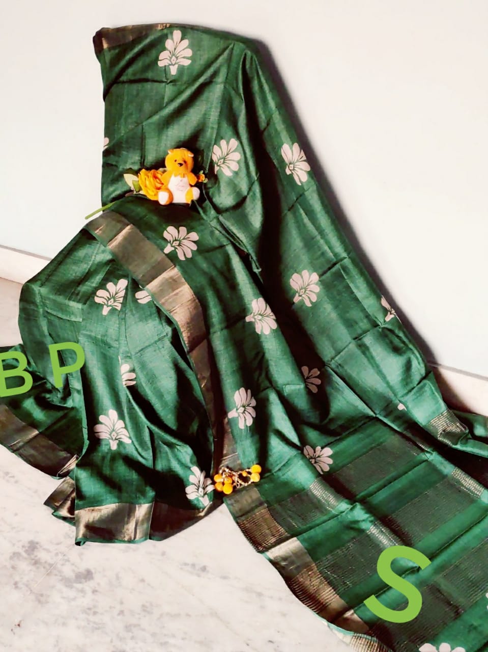 Green Zari Block Printed Zari Border Pure Silk Mark Certified Tussar Silk Sarees - Dailybuyys