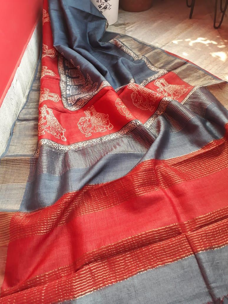 Grey Red Zari Block Printed Zari Border Pure Silk Mark Certified Tussar Silk Sarees - Dailybuyys