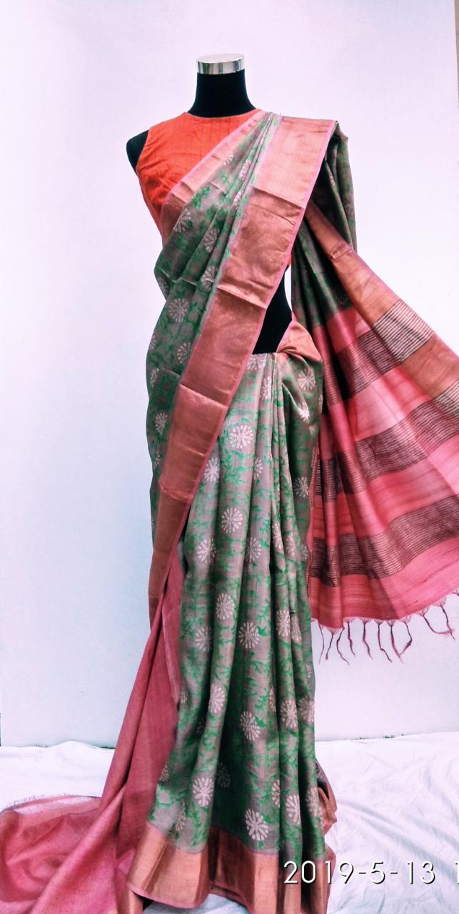 Grey Red Zari Block Printed Zari Border Pure Silk Mark Certified Tussar Silk Sarees - Dailybuyys