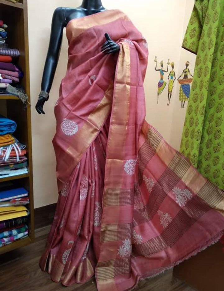 Violet Zari Block Printed Zari Border Pure Silk Mark Certified Tussar Silk Sarees - Dailybuyys